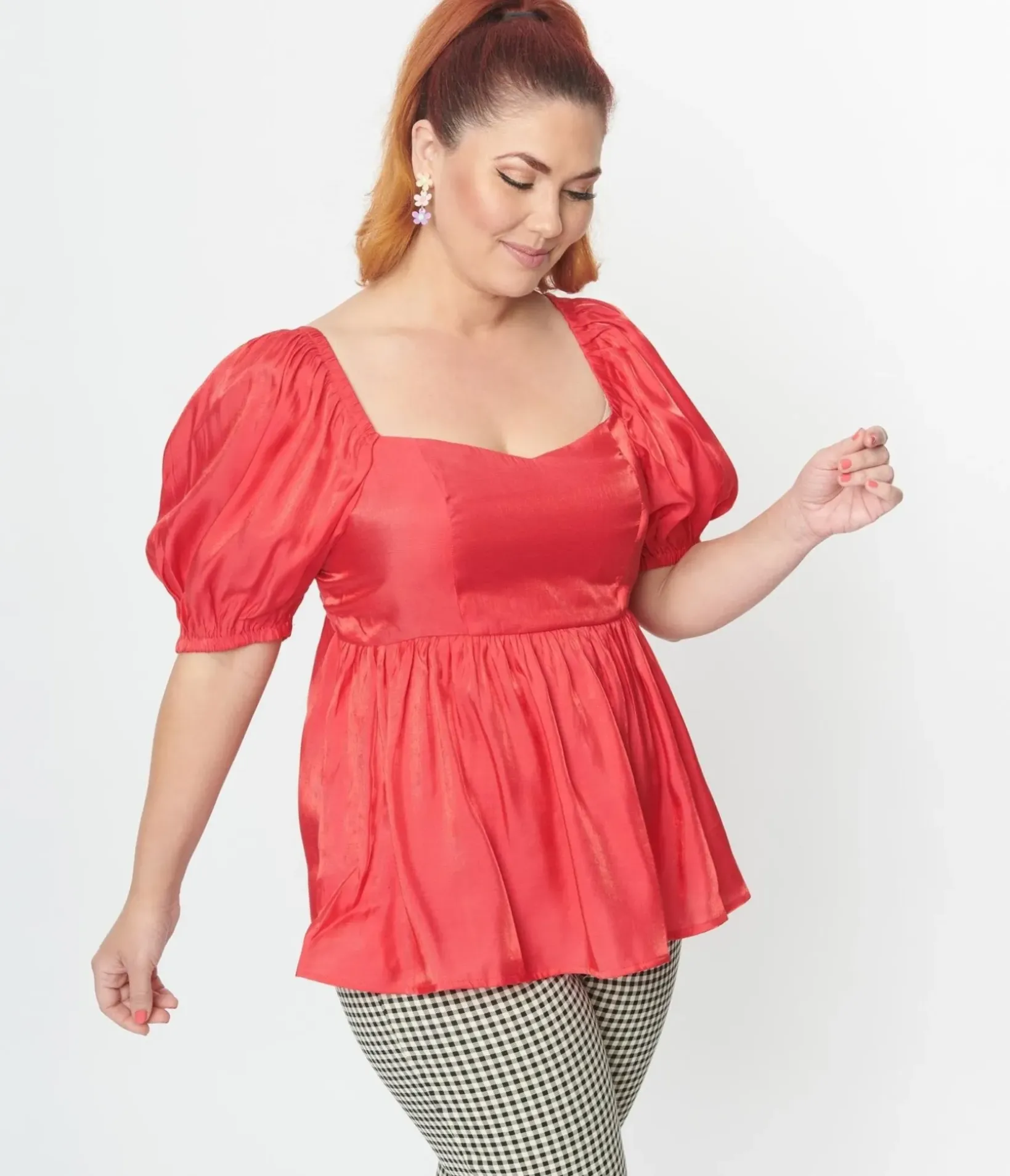 Unique Vintage All Things Red>Plus Size Red Shimmer Babydoll Top