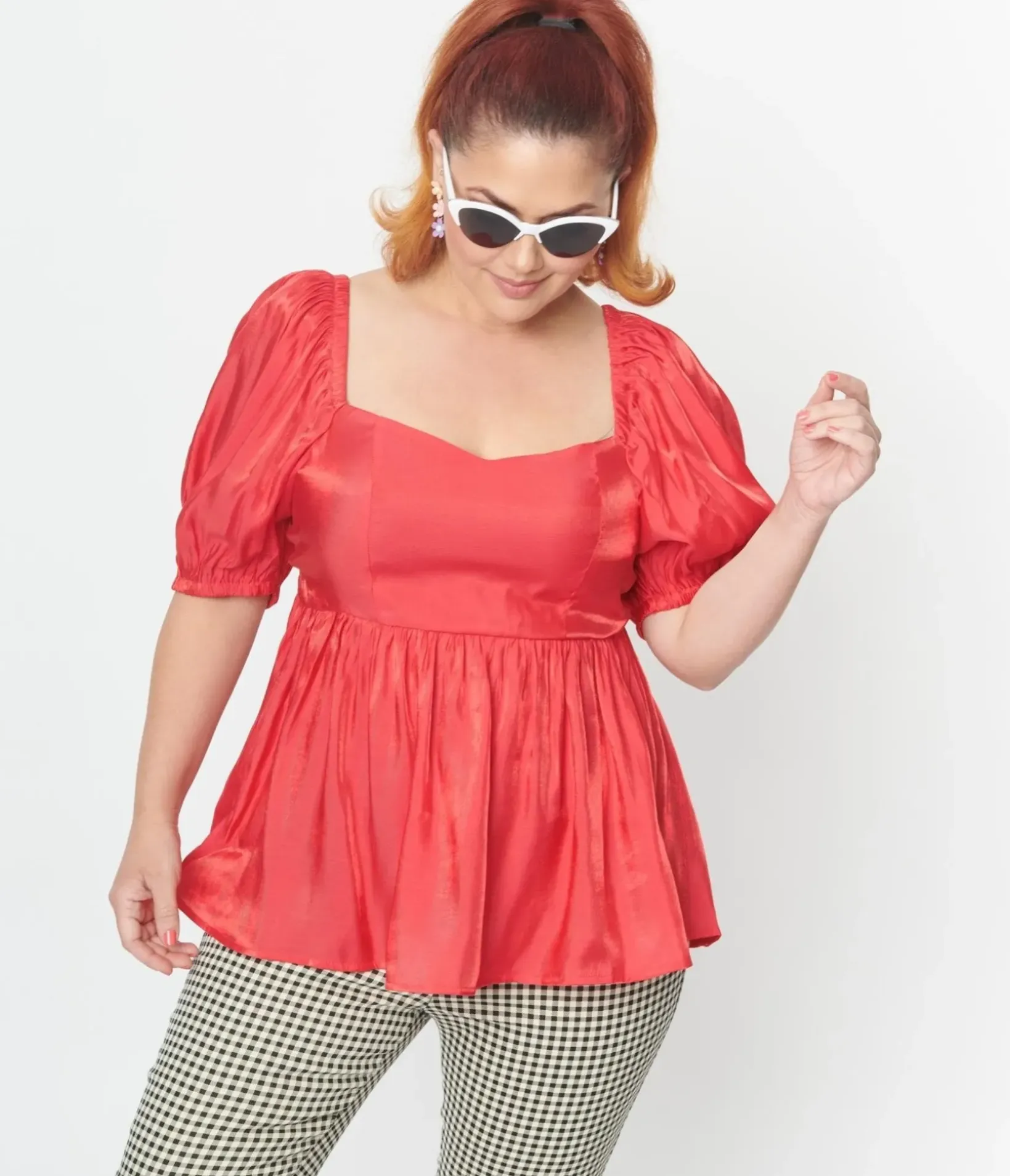Unique Vintage All Things Red>Plus Size Red Shimmer Babydoll Top