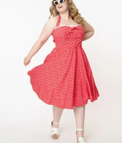 Unique Vintage All Things Red>Plus Size Retro Red & White Floral Halter Kimberly Swing Dress