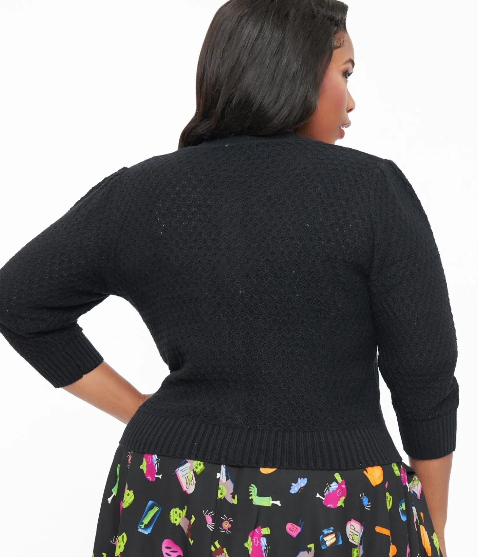 Unique Vintage Sweaters & Cardigans|All Things Black>Plus Size Retro Style Black Cotton Crochet Sleeved Button Cardigan