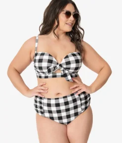 Unique Vintage Two Piece Swim|Swim Bottoms>Plus Size Retro Style Black & White Gingham Swim Bottom