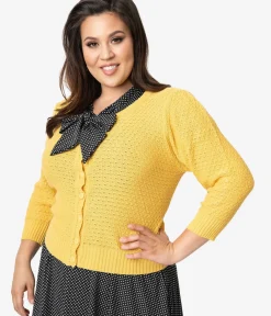 Unique Vintage Sweaters & Cardigans|Sweaters & Cardigans>Plus Size Retro Style Honey Yellow Cotton Crochet Sleeved Button Cardigan