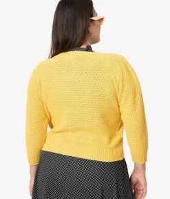 Unique Vintage Sweaters & Cardigans|Sweaters & Cardigans>Plus Size Retro Style Honey Yellow Cotton Crochet Sleeved Button Cardigan