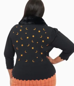 Unique Vintage Sweaters & Cardigans|Halloween>Plus Size 1950s Black & Orange Half Moon Cardigan