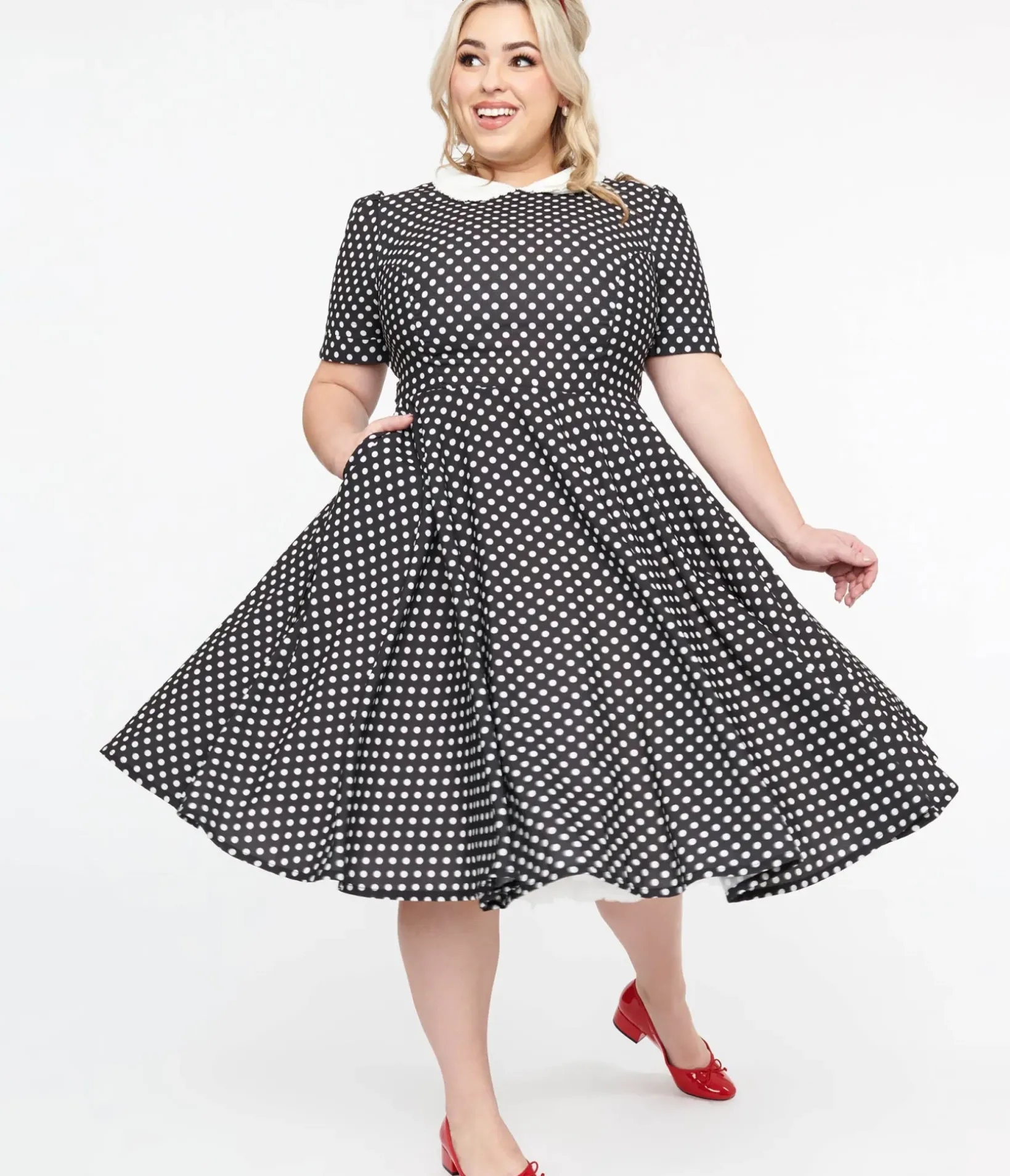 Unique Vintage Swing|Pocket Dresses>Plus Size 1950s Black & White Polka Dot Brielle Swing Dress