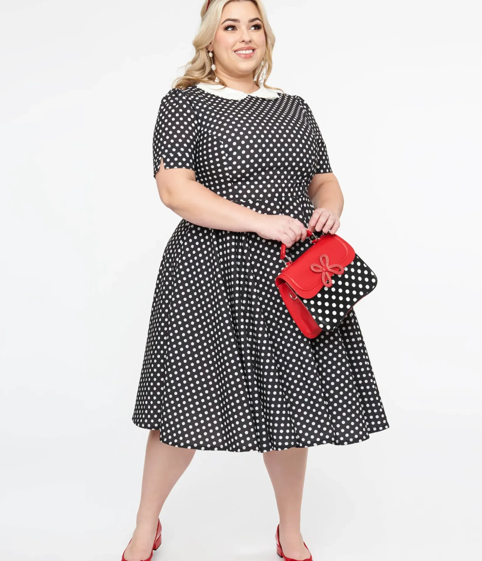 Unique Vintage Swing|Pocket Dresses>Plus Size 1950s Black & White Polka Dot Brielle Swing Dress