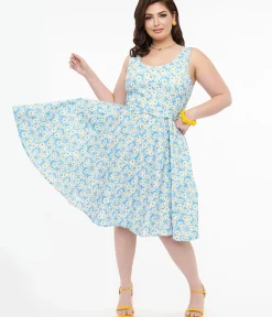 Unique Vintage Swing|Pocket Dresses>Plus Size 1950s Blue & Daisy Print Cotton Selda Swing Dress