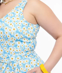 Unique Vintage Swing|Pocket Dresses>Plus Size 1950s Blue & Daisy Print Cotton Selda Swing Dress