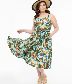 Unique Vintage Swing|Pocket Dresses>Plus Size 1950s Blue & Green Tropical Parrot Print Lori Swing Dress