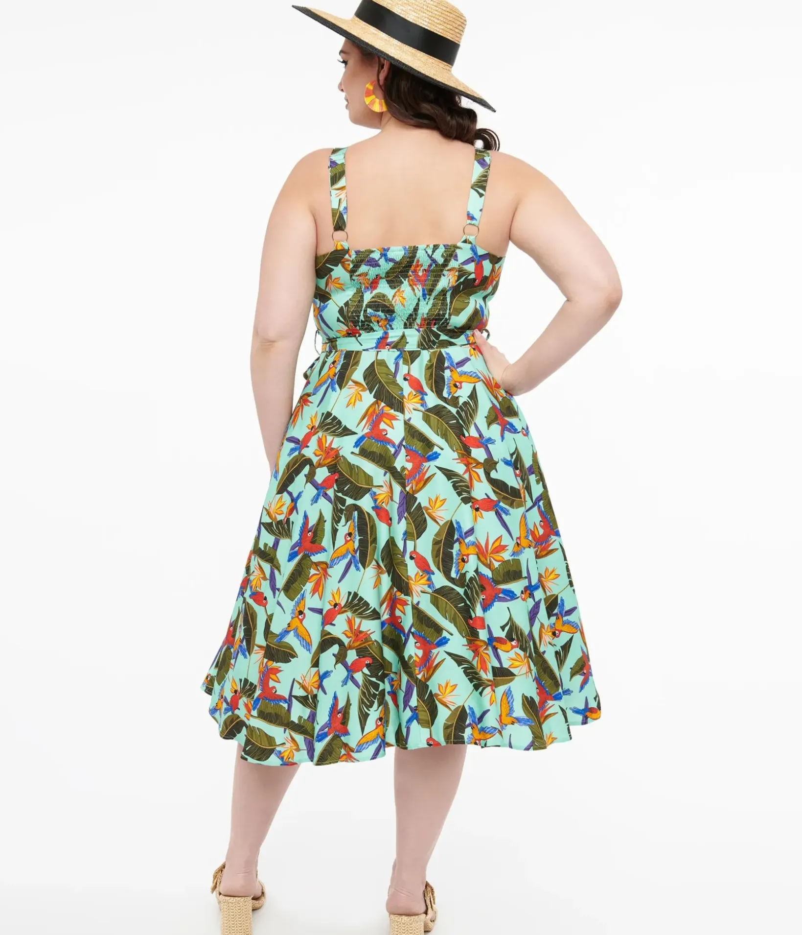 Unique Vintage Swing|Pocket Dresses>Plus Size 1950s Blue & Green Tropical Parrot Print Lori Swing Dress