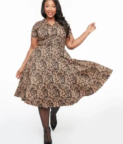 Unique Vintage Swing|Pocket Dresses>Plus Size 1950s Cheetah Girl Belted Swing Dress
