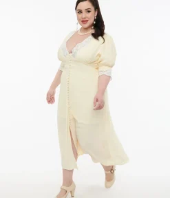 Unique Vintage Midi|Everyday Dresses>Plus Size 1930s Cream & White Lace Midi Dress