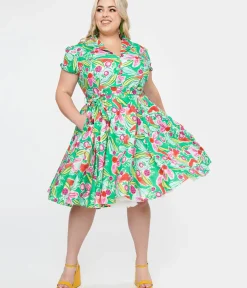 Unique Vintage Fit & Flare|Pocket Dresses>Plus Size 1950s Green & Pink Berry Bloom Print Monroe Fit & Flare Dress