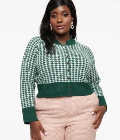Unique Vintage Sweaters & Cardigans|Work Wear>Plus Size 1950s Green & White Houndstooth Hattie Cardigan