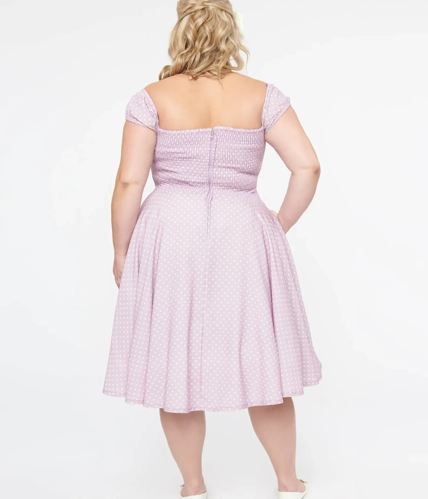 Unique Vintage Swing|Pocket Dresses>Plus Size 1950s Lavender & White Heart Print Victoria Swing Dress