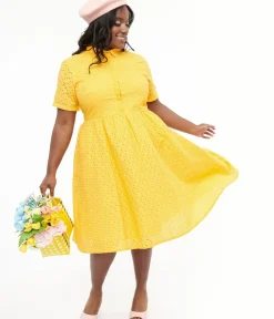 Unique Vintage Swing|Swing>Plus Size 1950s Marigold Eyelet Cotton Harlow Dress