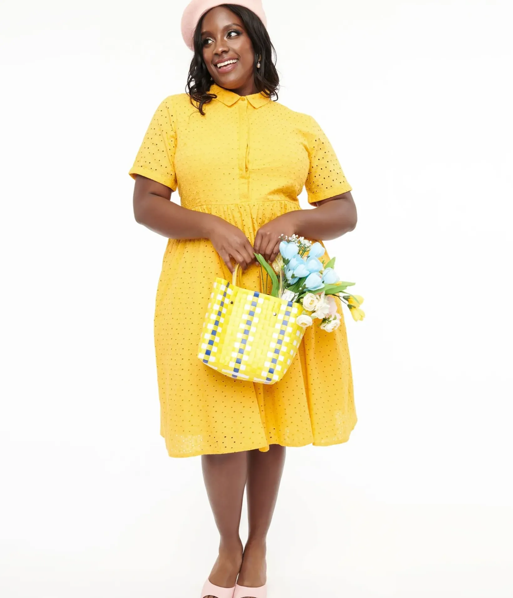 Unique Vintage Swing|Swing>Plus Size 1950s Marigold Eyelet Cotton Harlow Dress