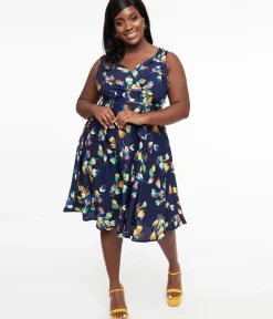 Unique Vintage Swing|Swing>Plus Size 1950s Navy Floral Print Swing Dress