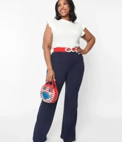 Unique Vintage Pants|Pants>Plus Size 1970s Navy High Waist Pintuck Pants