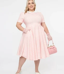 Unique Vintage Swing|Pocket Dresses>Plus Size 1950s Pink & White Striped Brielle Swing Dress