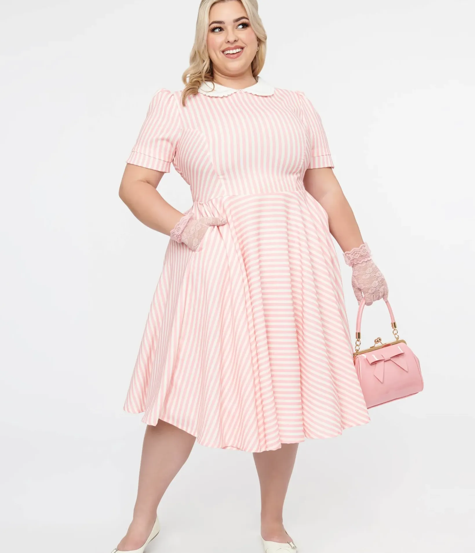 Unique Vintage Swing|Pocket Dresses>Plus Size 1950s Pink & White Striped Brielle Swing Dress