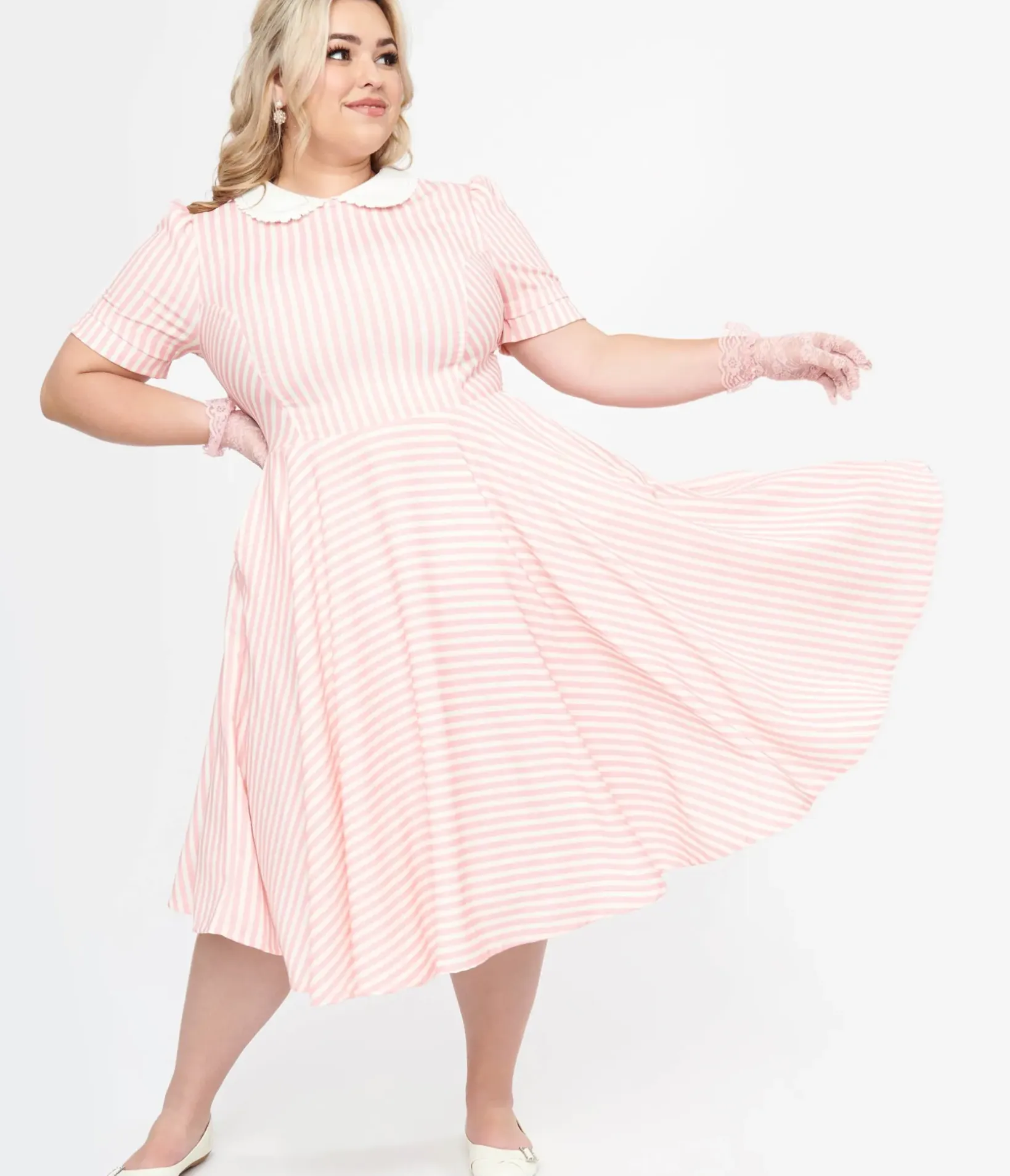 Unique Vintage Swing|Pocket Dresses>Plus Size 1950s Pink & White Striped Brielle Swing Dress