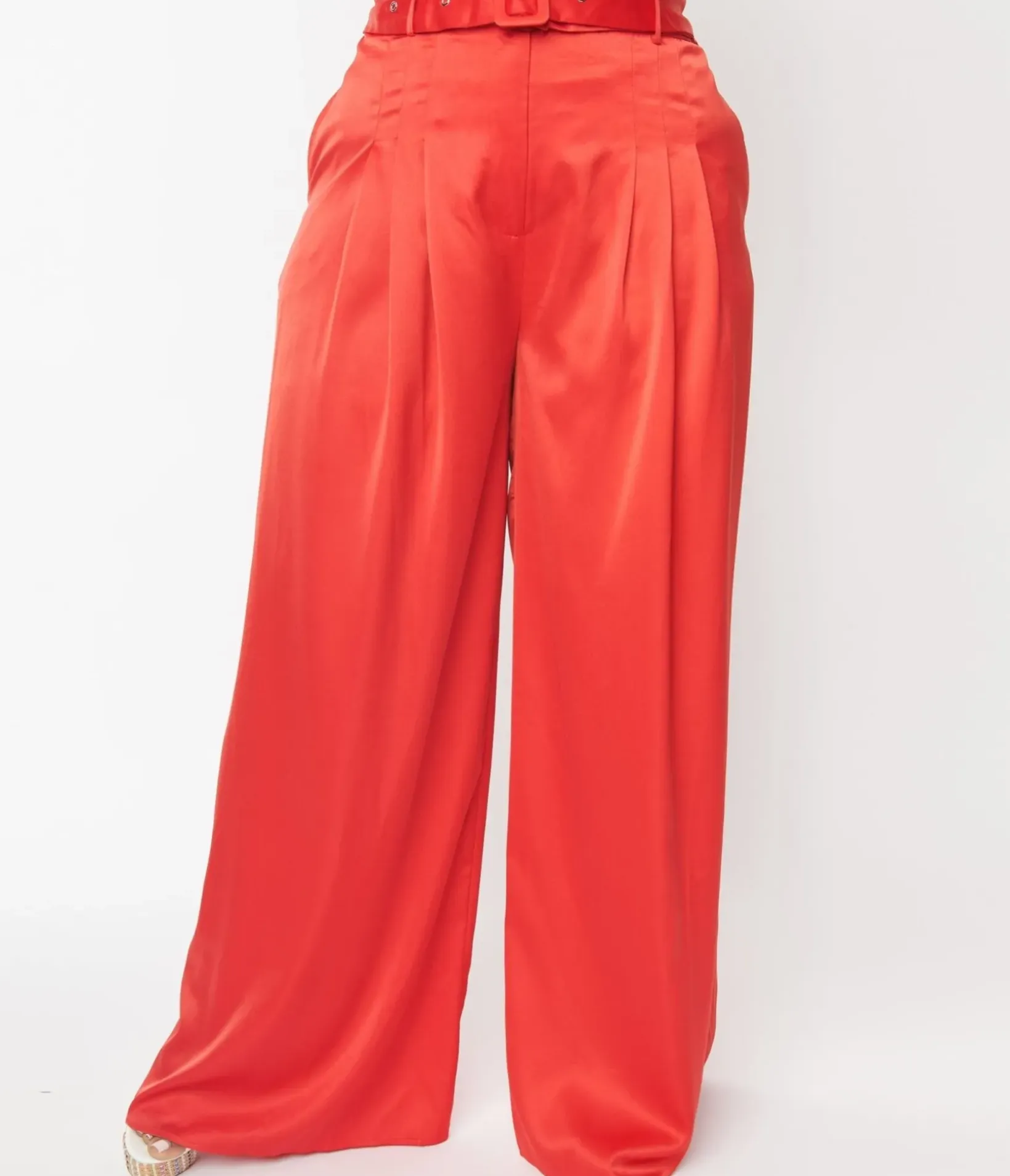 Unique Vintage Pants|Pants>Plus Size 1970s Red Satin Belted Wide Leg Pants