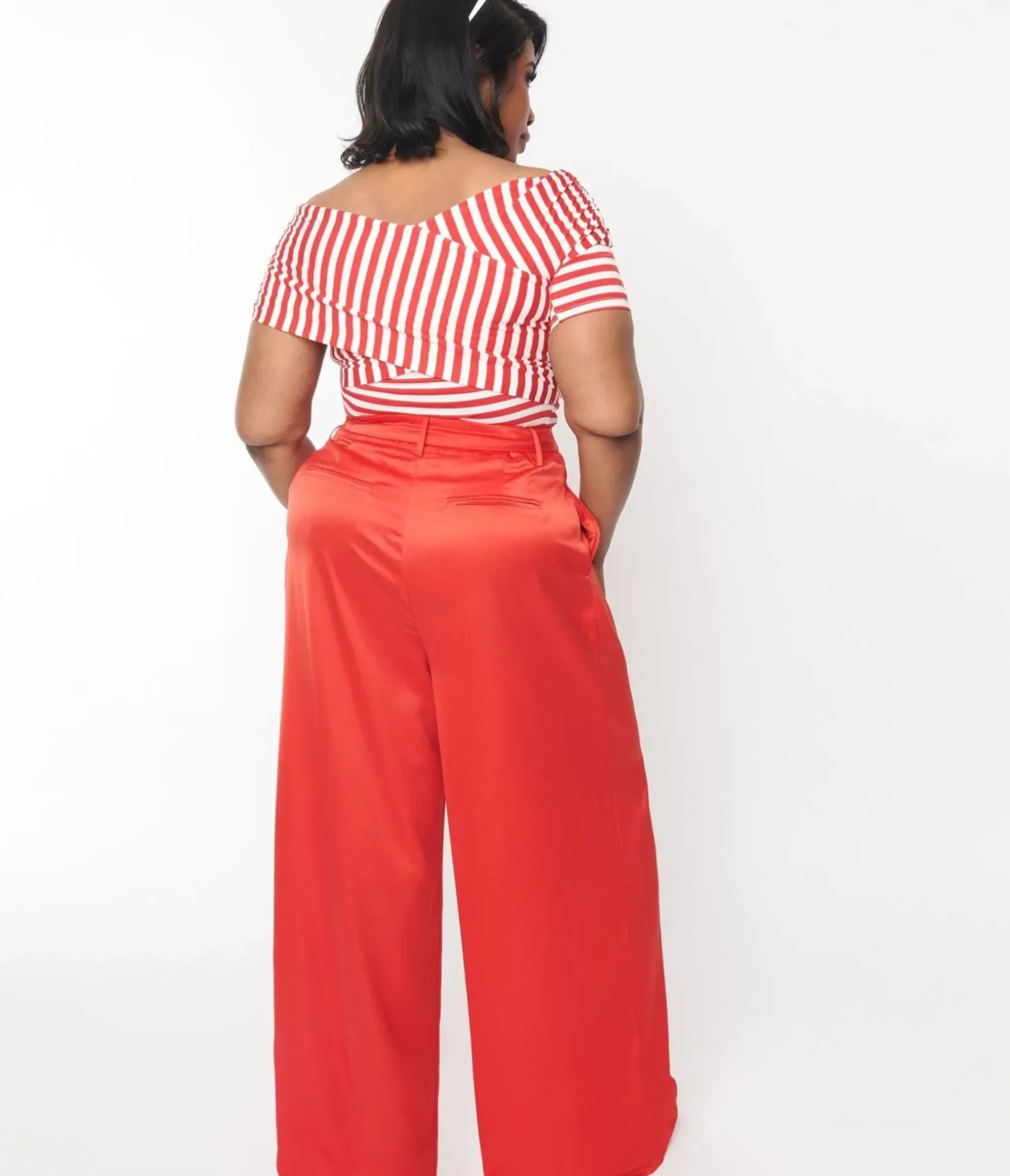Unique Vintage Pants|Pants>Plus Size 1970s Red Satin Belted Wide Leg Pants