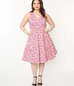 Unique Vintage Swing|Pocket Dresses>Plus Size 1950s Style Hot Pink Cat Print Sleeveless Swing Dress