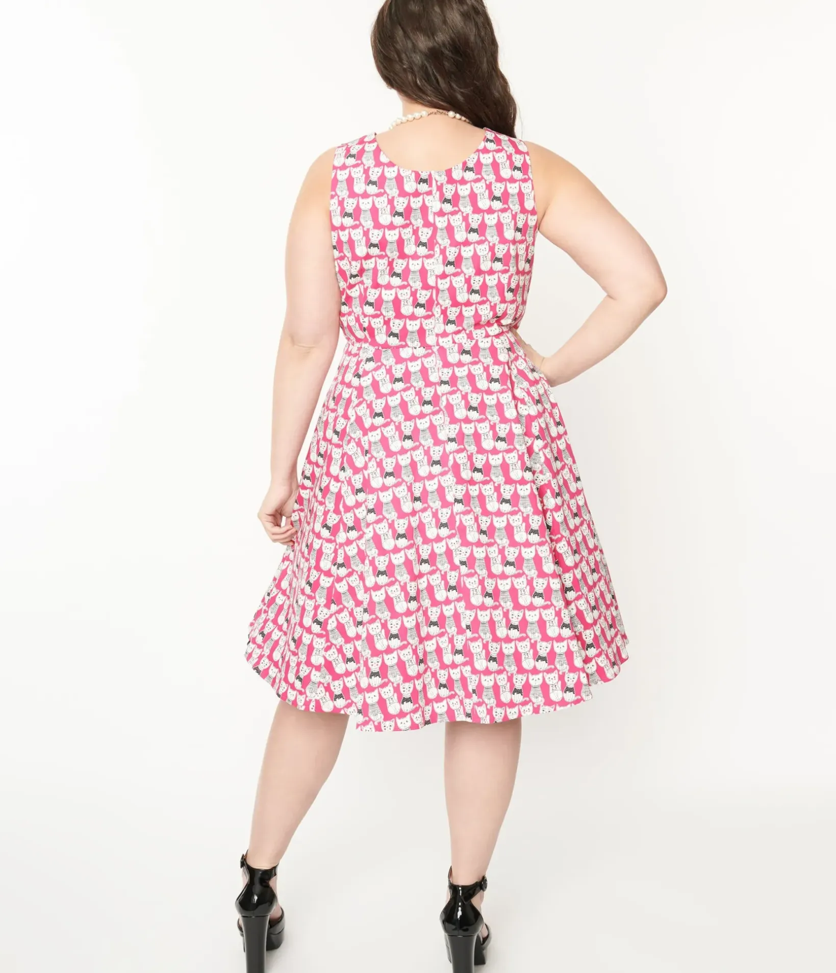 Unique Vintage Swing|Pocket Dresses>Plus Size 1950s Style Hot Pink Cat Print Sleeveless Swing Dress