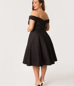 Unique Vintage Swing|Pocket Dresses>Plus Size 1950s Style Navy & White Pin Dot Off Shoulder Scarlet Swing Dress