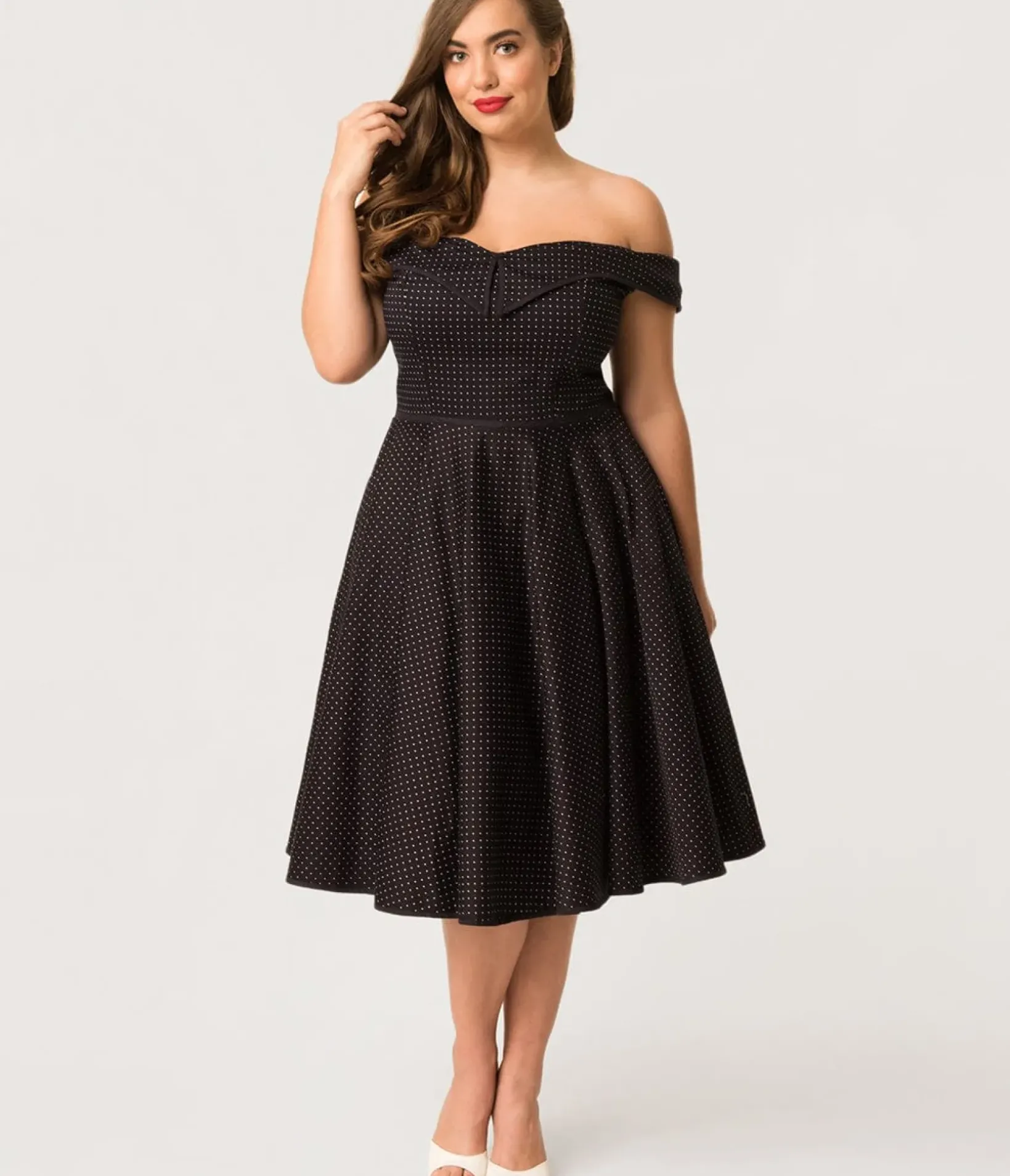 Unique Vintage Swing|Pocket Dresses>Plus Size 1950s Style Navy & White Pin Dot Off Shoulder Scarlet Swing Dress