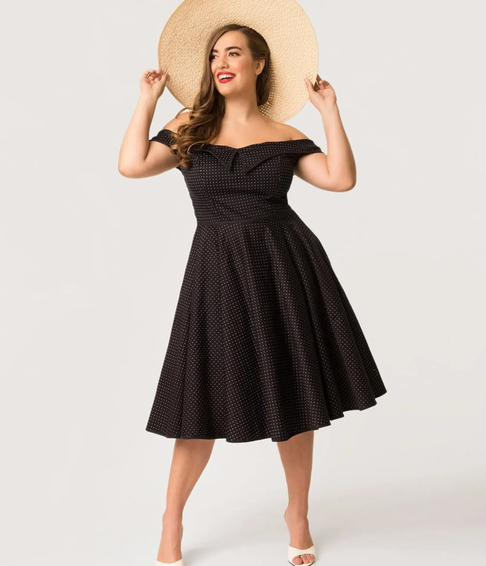 Unique Vintage Swing|Pocket Dresses>Plus Size 1950s Style Navy & White Pin Dot Off Shoulder Scarlet Swing Dress