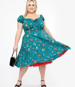 Unique Vintage Swing|Pocket Dresses>Plus Size 1950s Teal Dart Board Keep Em Flying Cotton Swing Dress