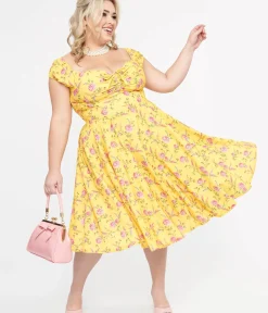 Unique Vintage Swing|Pocket Dresses>Plus Size 1950s Yellow & Fuchsia Floral Victoria Swing Dress