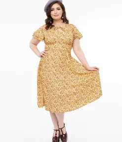 Unique Vintage Swing|Swing>Plus Size 1950s Yellow & Purple Floral Capelet Swing Dress