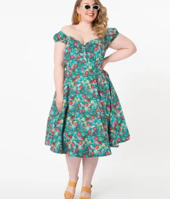 Unique Vintage Swing|Pocket Dresses>Plus Size Teal & Multicolor Tropical Floral Print Preston Swing Dress