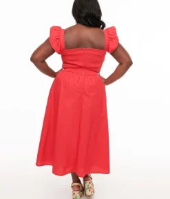 Unique Vintage Midi|Everyday Dresses>Plus Size Y2K Red Flutter Sleeve Poplin Midi Dress