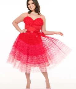 Unique Vintage Swing|Swing>Preorder- Plus Size 1950s Red & Pink Ombre Tulle Cupcake Swing Dress