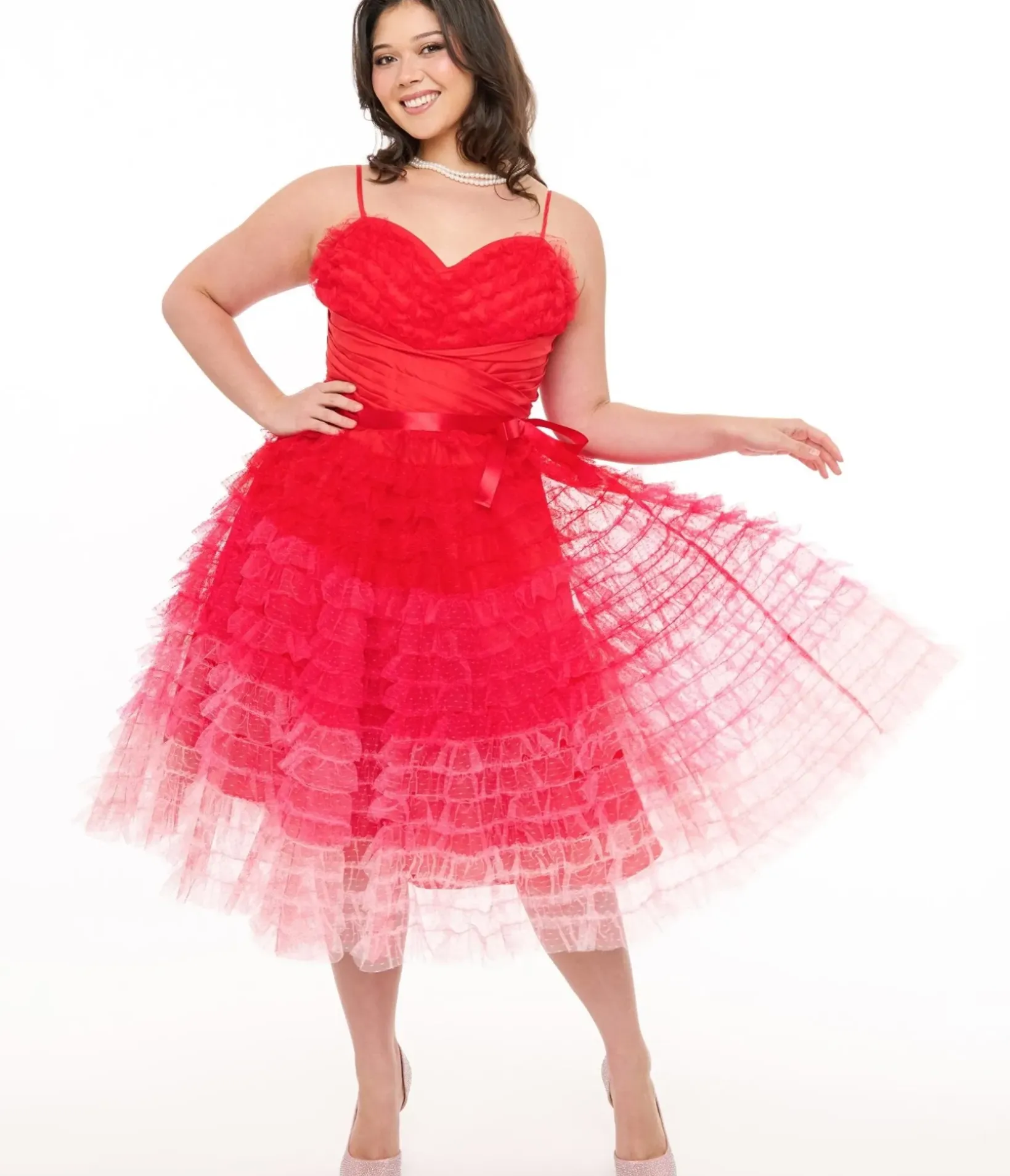 Unique Vintage Swing|Swing>Preorder- Plus Size 1950s Red & Pink Ombre Tulle Cupcake Swing Dress