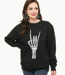 Unique Vintage All Things Black>Pretty Attitude Clothing Metal Horns Skeleton Hand Sweatshirt