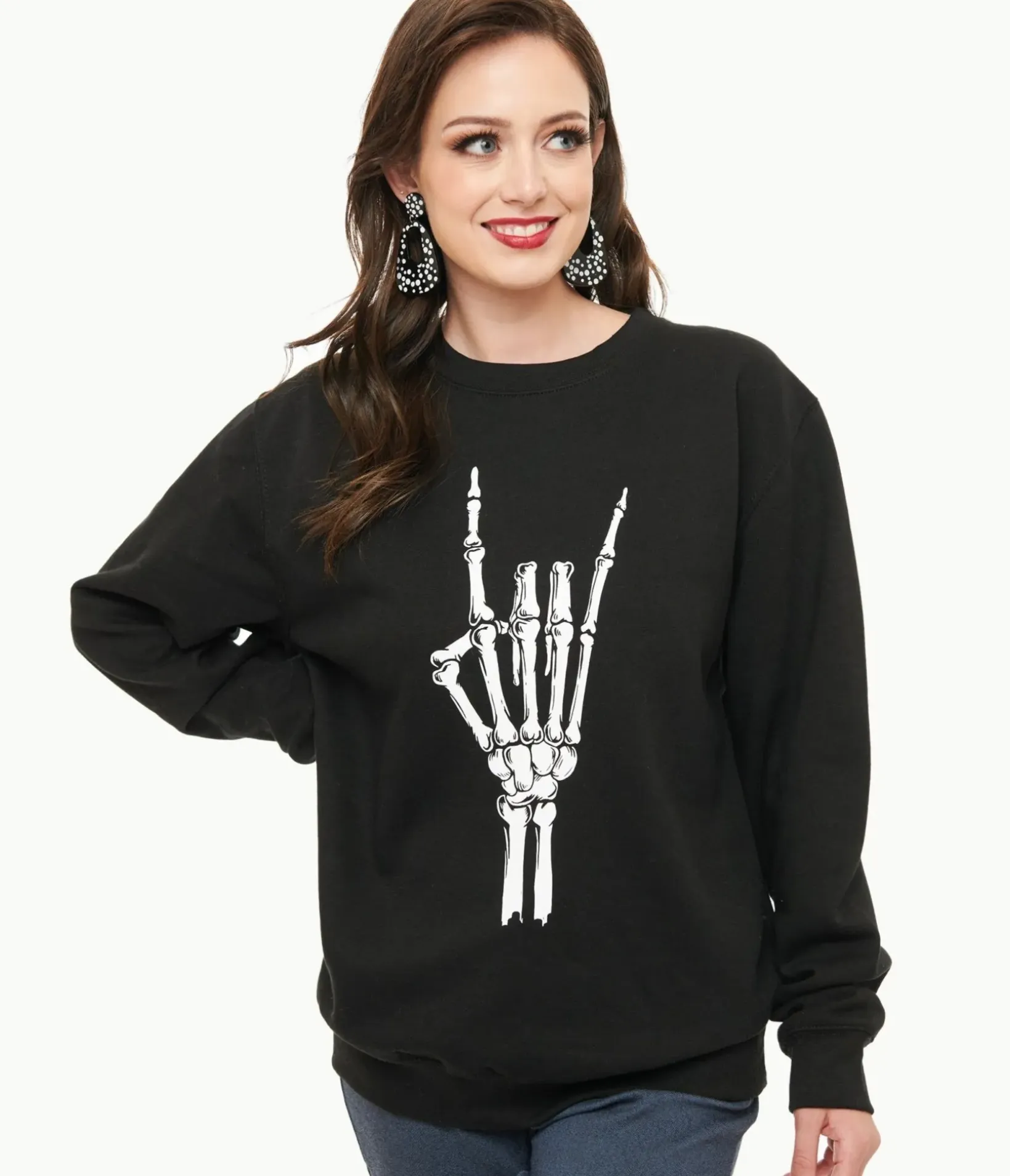 Unique Vintage All Things Black>Pretty Attitude Clothing Metal Horns Skeleton Hand Sweatshirt