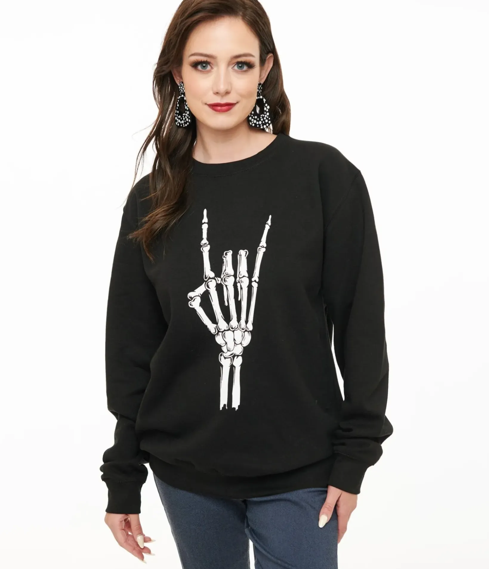 Unique Vintage All Things Black>Pretty Attitude Clothing Metal Horns Skeleton Hand Sweatshirt