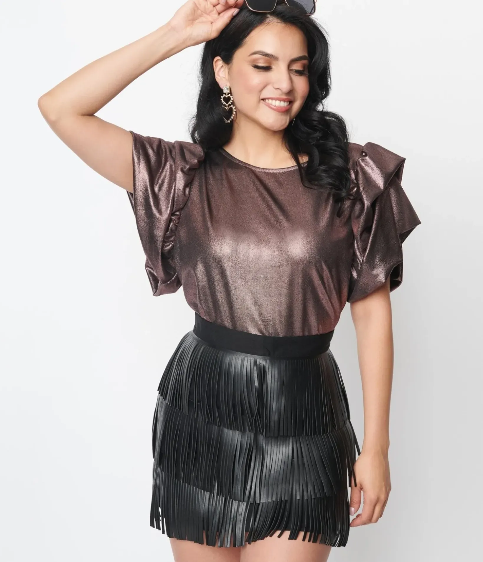 Unique Vintage Work Wear|Concert & Festivals>Purple Metallic Ruffle Top