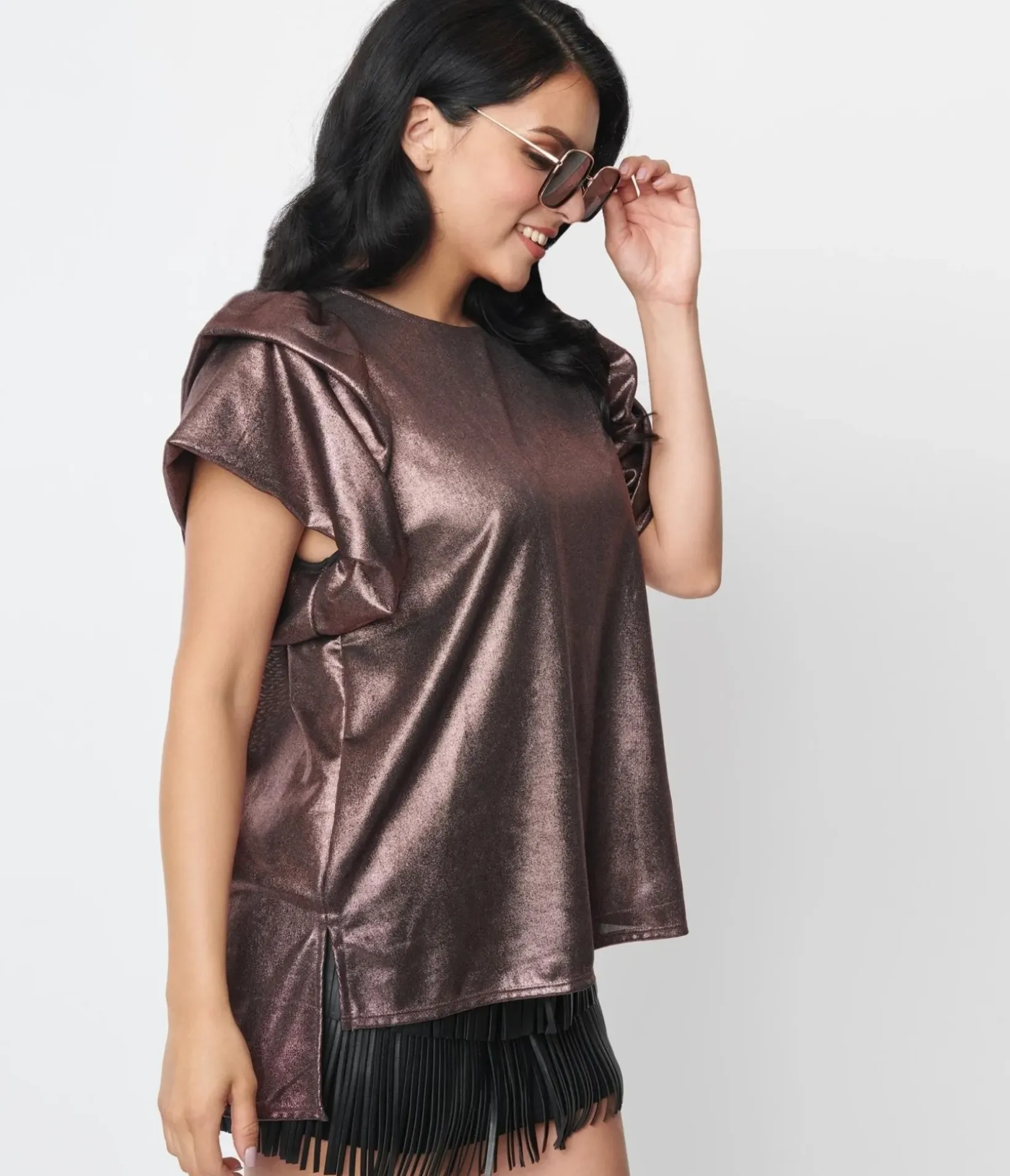 Unique Vintage Work Wear|Concert & Festivals>Purple Metallic Ruffle Top