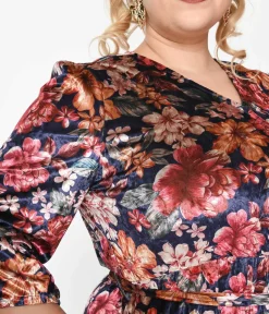 Unique Vintage Maxi>Purple & Multicolor Floral Velvet Midi Dress