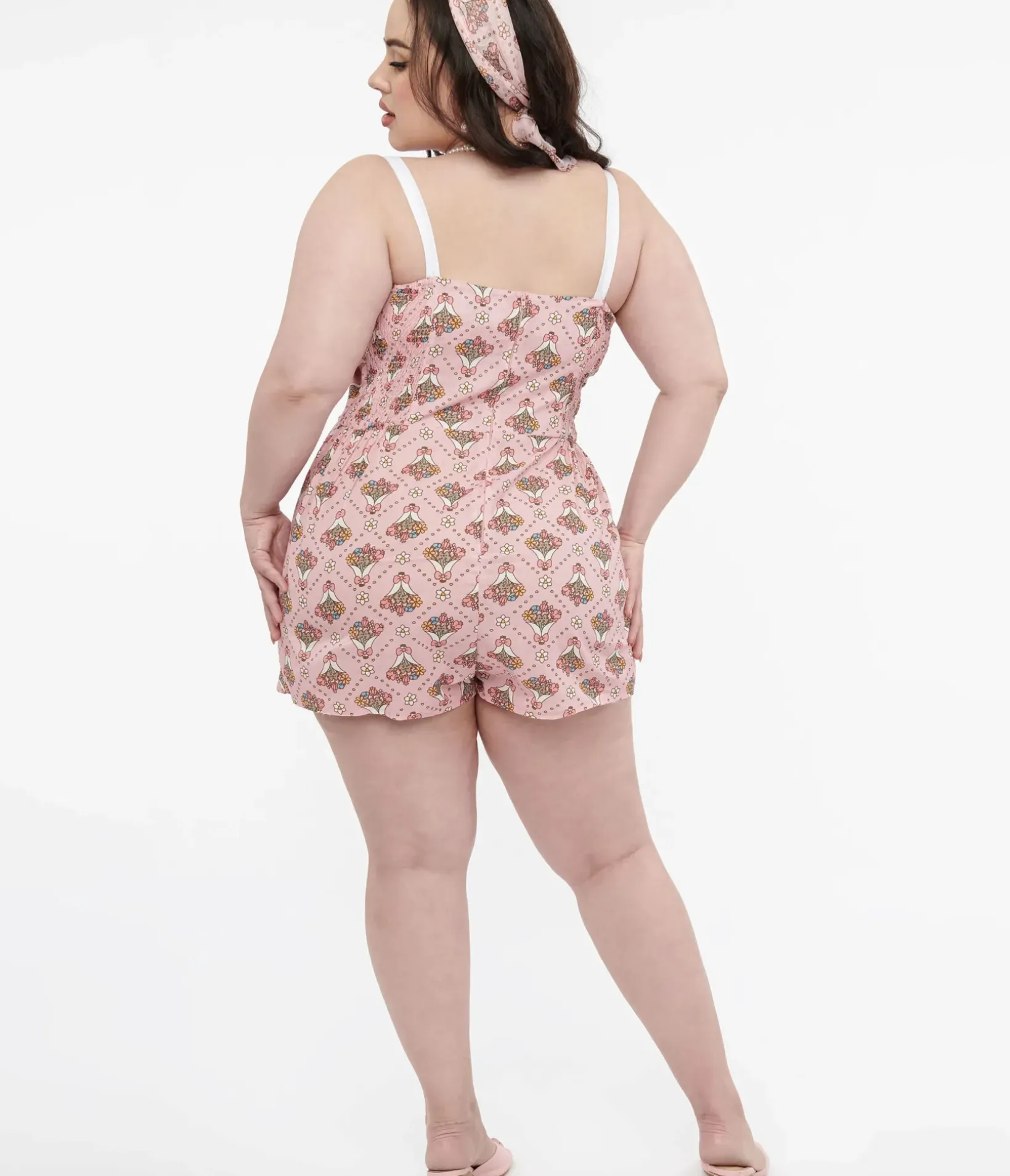 Unique Vintage Rompers & Jumpsuits|Rompers & Jumpsuits>Pusheen x Plus Size Pink Pusheen Floral Bouquet Print Rae Romper