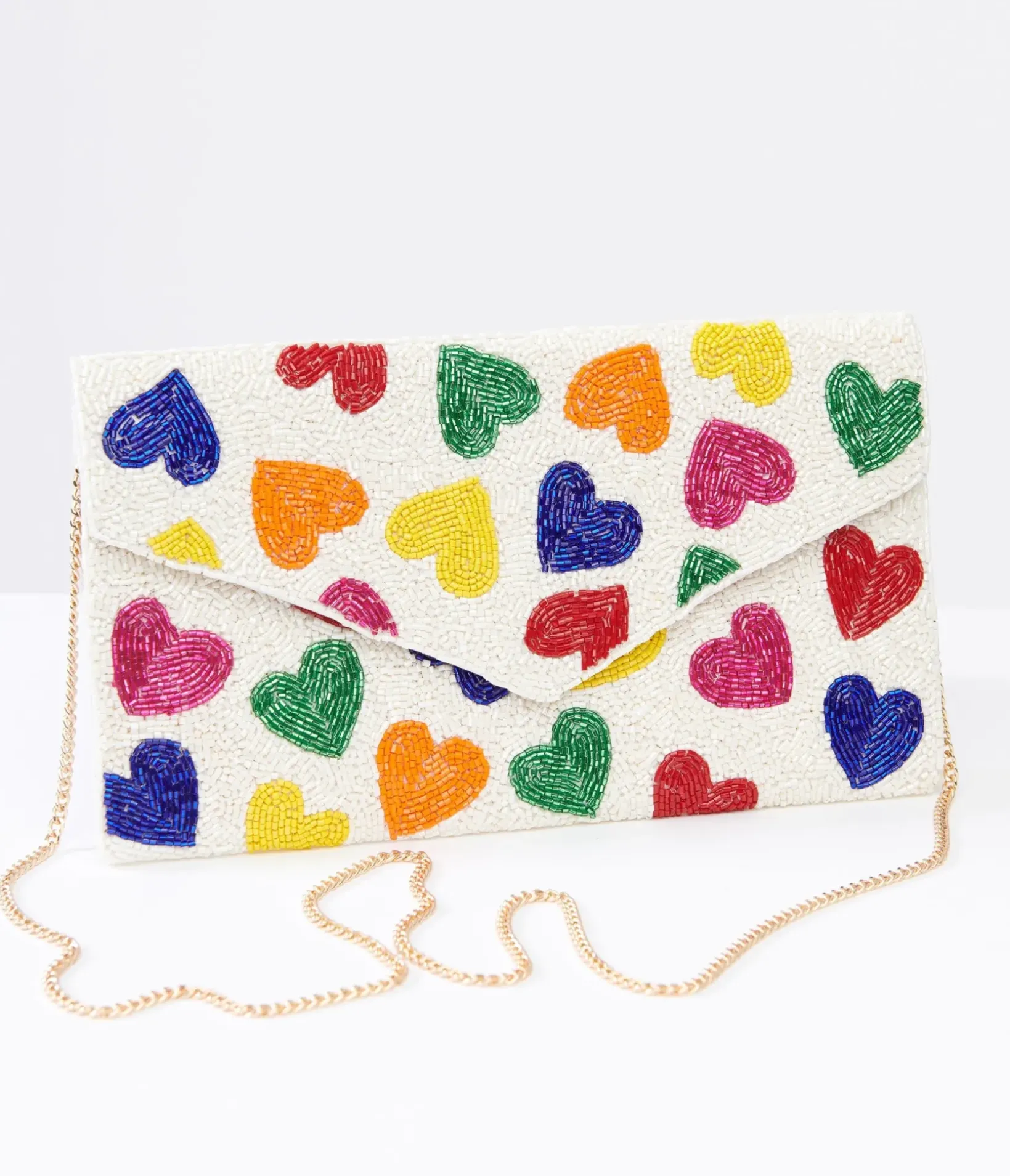 Unique Vintage Pride>Rainbow Beaded Heart Clutch Handbag
