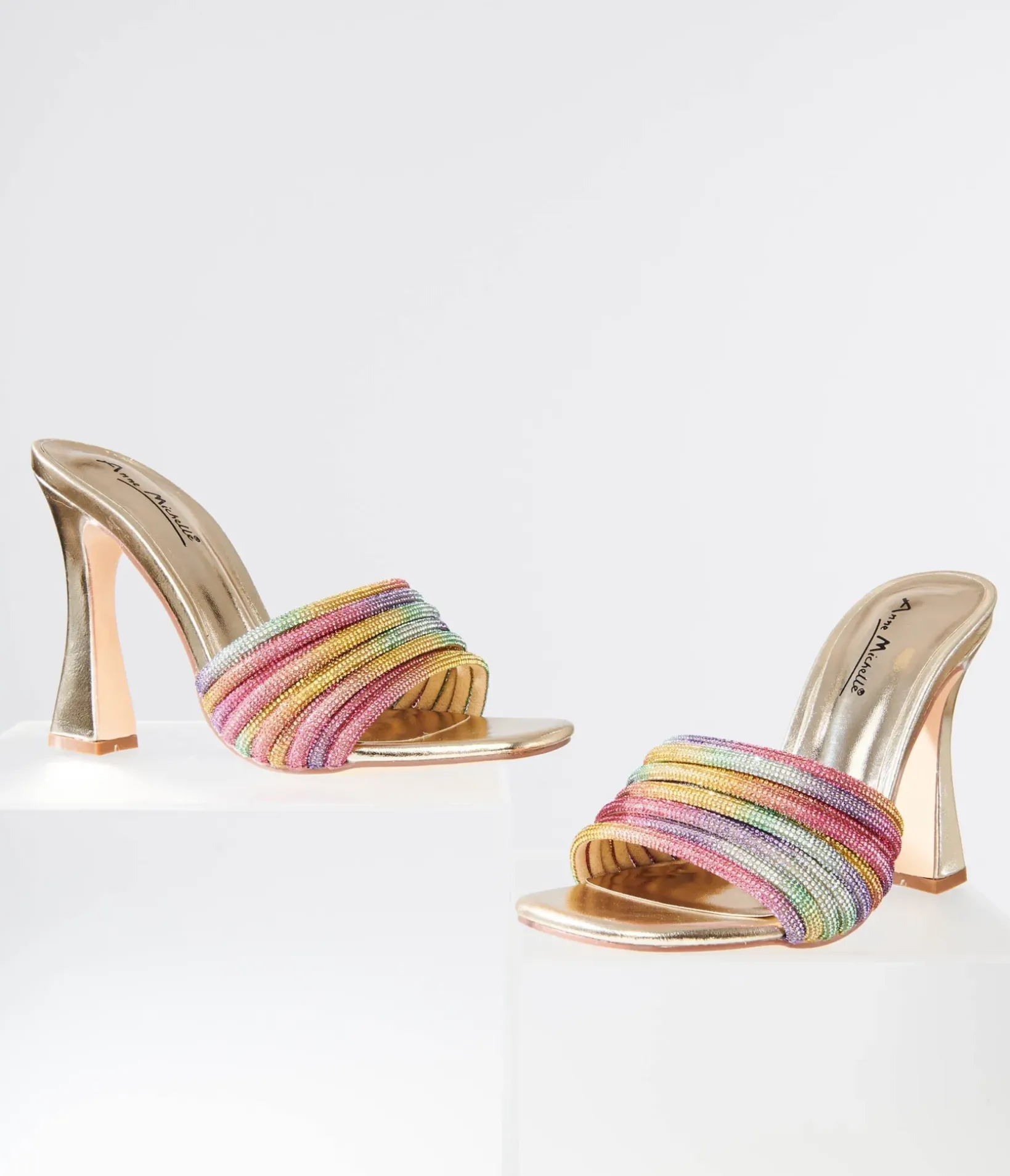 Unique Vintage Heels>Rainbow Rhinestone & Metallic Gold Heels