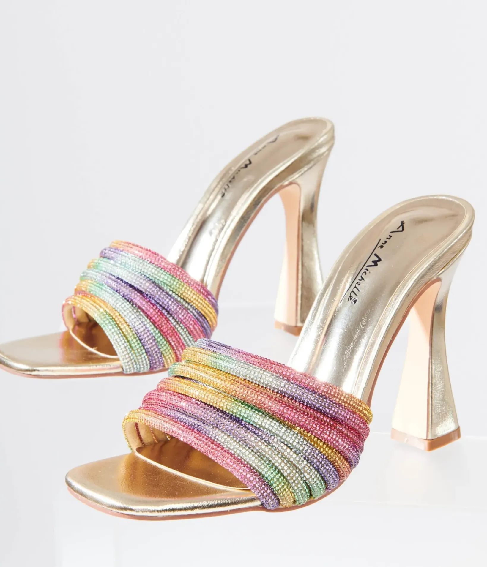 Unique Vintage Heels>Rainbow Rhinestone & Metallic Gold Heels